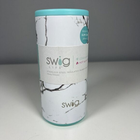 Swig Life Skinny Slim Can Cooler Insulated Marble & Turquoise Hot Cold 12 oz - Picture 2 of 5